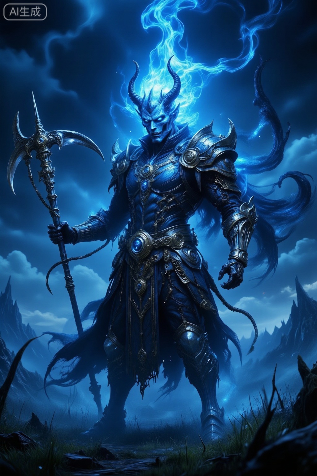 Animation style
The Horsemen,Death,a glowing blue Death with glowing blue flames on the head wearing skull armor holding a death scythe on grassland,night,blue lighting,clouds in the background,highly detailed,ultra-high resolutions,32K UHD,best quality,masterpiece,