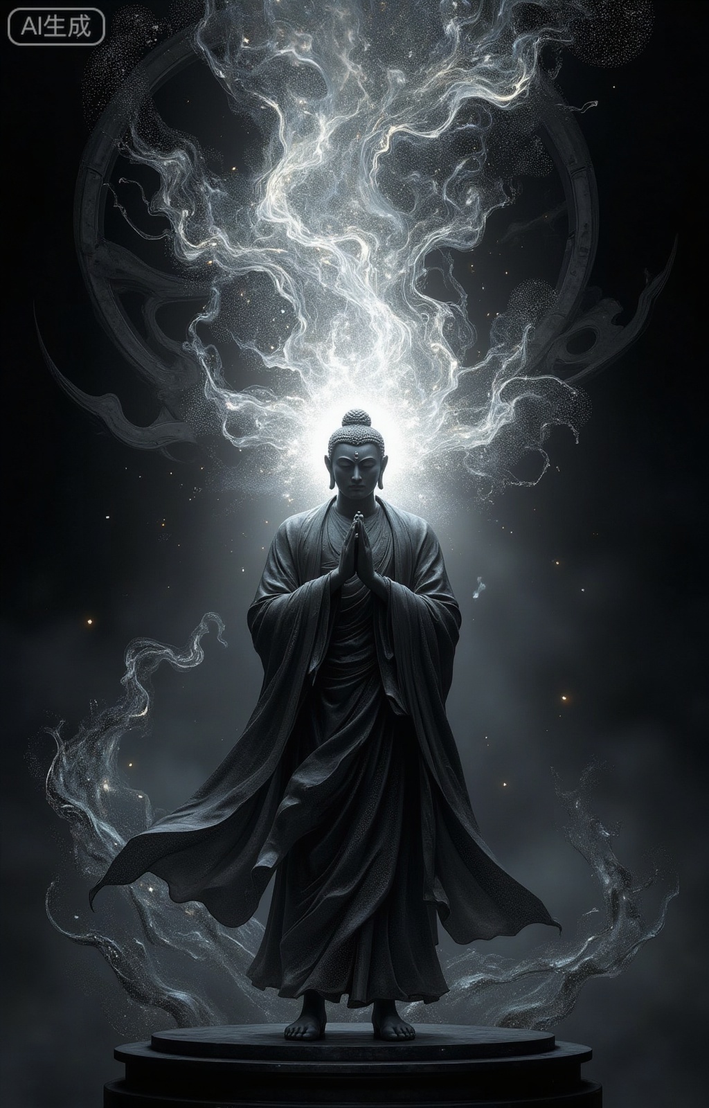 A Buddhist monk's silhouette is gently rendered with extreme fine-grained particles, set against a minimalist composition. Dazzling light from the center radiates, casting an otherworldly ambiance. Whispers of wind particles dance across the dark background, leaving vast swaths of negative space. The high-definition image (32K) exudes a mythical aura, replete with intricate textures and subtle shading.