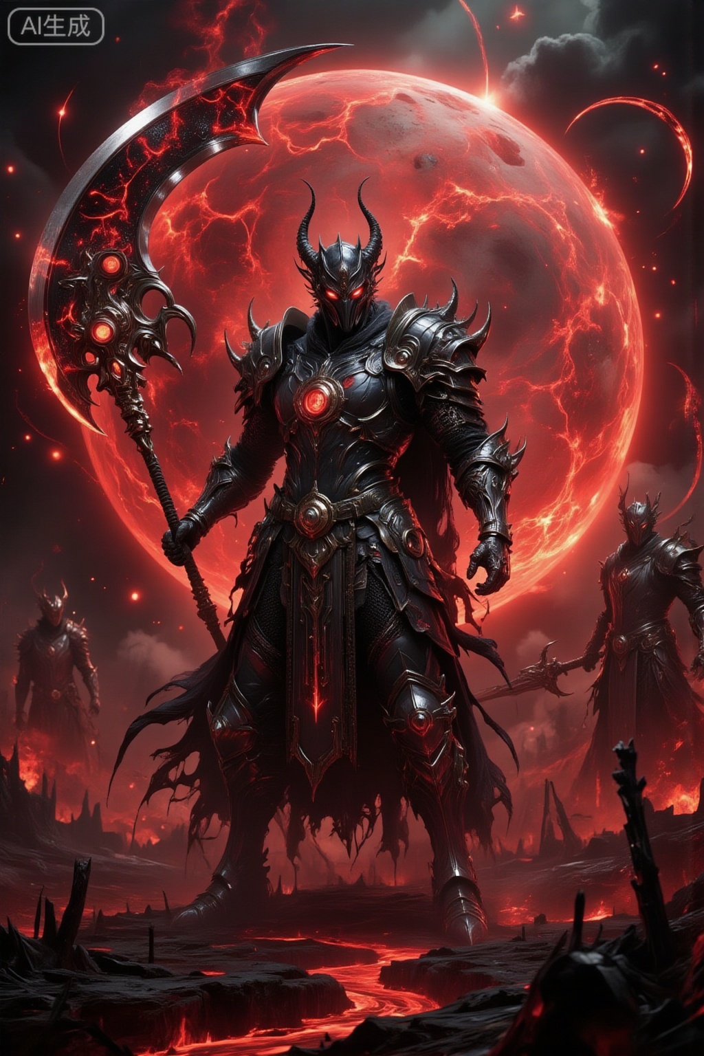 Create an anime image of a fantasy game knight, wielding a galaxy scythe with galaxy prints on the blade, wearing black armor, standing in a domineering posture. Place an ally in the background. The scene should have a digital art feel, high-definition (HD), and be a masterpiece with the best quality, hyper-detailed, and ultra-detailed. Behind the knight is a huge blood-red moon with shooting stars orbiting it. The knight is adorned with fear armor and a horror helmet, showcasing super detailed armor texture in a gothic style. The setting is a hell battlefield with dark aesthetics, featuring industrial-grade details and movie-grade lighting. The resolution should be in 8K for maximum clarity and detail.