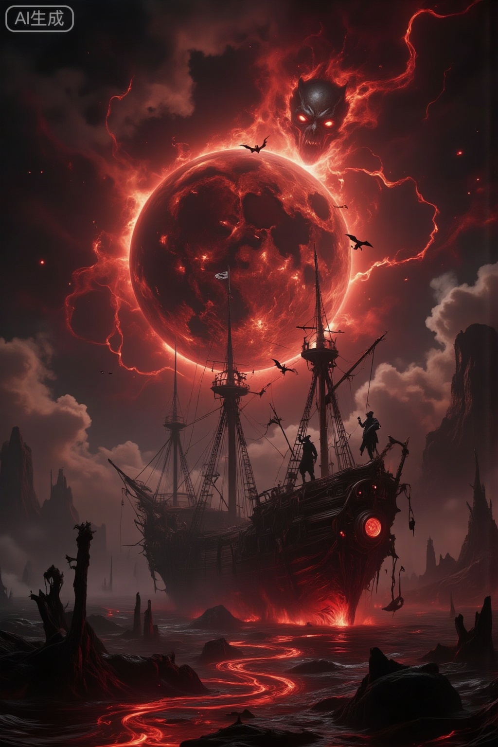 Create a grand, movie-like picture featuring a total lunar eclipse with a blood-red giant moon occupying one-third of the night sky. A strange red light saturates the sea surface, casting an eerie glow. In the distance, a dilapidated 17th-century ghost ship, the Flying Dutchman, emerges from the fog, its hull wrapped in glowing seaweed and decaying sails. Thousands of vampire bats spew out of the cabin in a vortex, forming twisted demonic faces. The figure on the ship's bow transforms into a weeping banshee, and translucent ghost sailors shuttle across the deck. Pale will-o'-the-wisps float on the surface of the sea, and suspended corpses of drowned people loom beneath the water.

Adopt the dark aesthetics of Greg Rutkowski and Zdzisław Beksiński, with ultra-high details, a horror atmosphere, dramatic light and shadow, motion blur, and particle effects. Render the scene in 8K resolution for unparalleled clarity and depth.