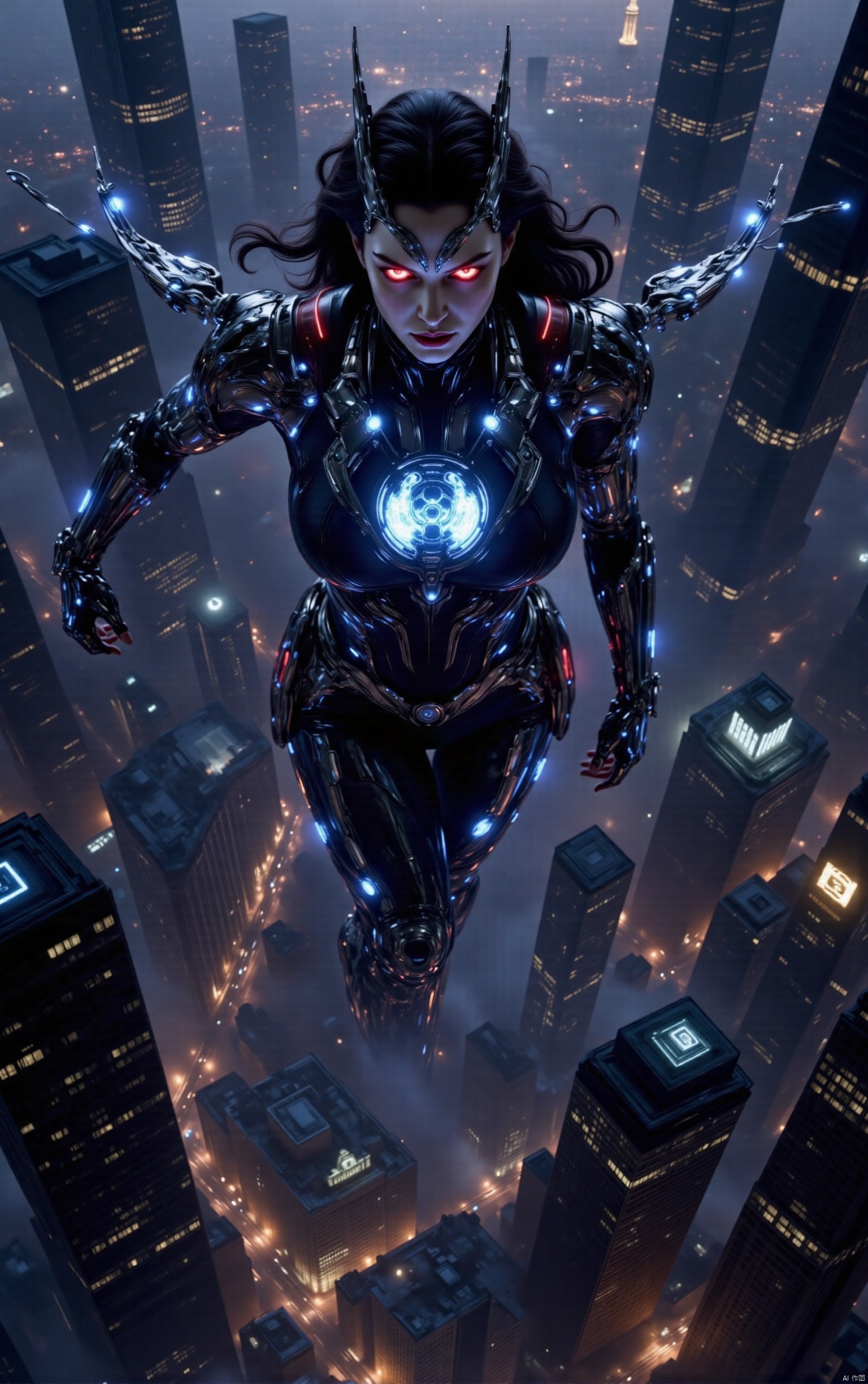 Superwoman, her entire body intricately modified with mechanical enhancements, hovers above the bustling skyline of New York City. Her metallic limbs and glowing red eyes contrast sharply against the night sky, casting eerie shadows upon the skyscrapers below. A fusion of advanced technology and classic superhero aesthetics, this figure exudes a sense of awe and unease. The composition of this picture is dynamic with Superman in the center, while the cityscape forms an intricate backdrop. The perspective structure is aerial, capturing the vastness of New York from above. Her mechanical enhancements include robotic wings that enable flight and glowing blue energy emanating from her chest, reminiscent of a high-tech Kryptonian power source. The scene is set during twilight, with soft ambient light reflecting off the city's buildings and creating a dramatic interplay between light and shadow. In this moment, Superman's primary action involves a subtle but powerful gesture – one arm extended towards a distant horizon, symbolizing his protection over humanity despite his altered form. This scene evokes feelings of both admiration and fear, inviting viewers to ponder the future direction of superhero legends in an increasingly technological world. The painting style is inspired by cyberpunk aesthetics with dark tones and vivid neon accents, paying homage to artists such as Syd Mead and H.R. Giger while also drawing from contemporary digital art trends seen on platforms like Pinterest and MidJourney. The overall effect aims to be visually stunning and thought-provoking, blending classic superhero imagery with futuristic technology in a way that is both beautiful and unsettling.,large natural breast,soft breasts,dlrb,qihuanmopan,hkgod,mohuan,huge Breasts,cleavage