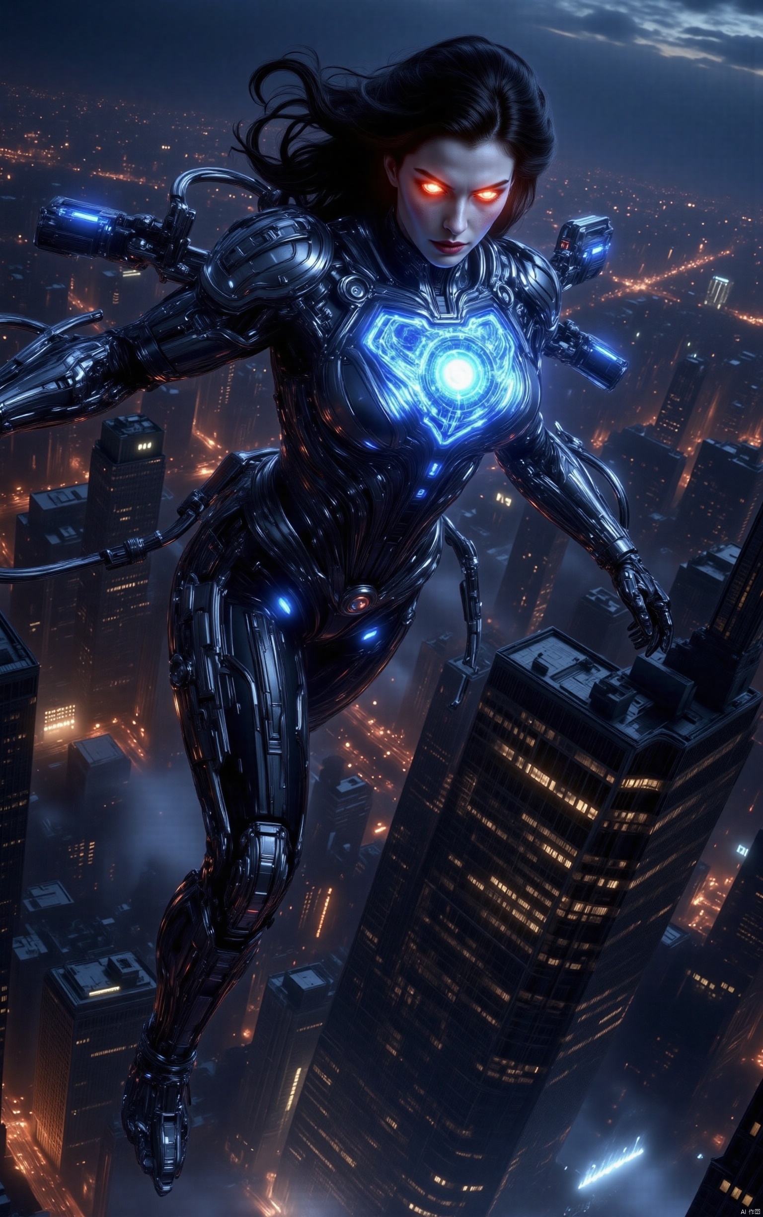 Superwoman, her entire body intricately modified with mechanical enhancements, hovers above the bustling skyline of New York City. Her metallic limbs and glowing red eyes contrast sharply against the night sky, casting eerie shadows upon the skyscrapers below. A fusion of advanced technology and classic superhero aesthetics, this figure exudes a sense of awe and unease. The composition of this picture is dynamic with Superman in the center, while the cityscape forms an intricate backdrop. The perspective structure is aerial, capturing the vastness of New York from above. Her mechanical enhancements include robotic wings that enable flight and glowing blue energy emanating from her chest, reminiscent of a high-tech Kryptonian power source. The scene is set during twilight, with soft ambient light reflecting off the city's buildings and creating a dramatic interplay between light and shadow. In this moment, Superman's primary action involves a subtle but powerful gesture – one arm extended towards a distant horizon, symbolizing his protection over humanity despite his altered form. This scene evokes feelings of both admiration and fear, inviting viewers to ponder the future direction of superhero legends in an increasingly technological world. The painting style is inspired by cyberpunk aesthetics with dark tones and vivid neon accents, paying homage to artists such as Syd Mead and H.R. Giger while also drawing from contemporary digital art trends seen on platforms like Pinterest and MidJourney. The overall effect aims to be visually stunning and thought-provoking, blending classic superhero imagery with futuristic technology in a way that is both beautiful and unsettling.,large natural breast,soft breasts,dlrb,qihuanmopan,hkgod,mohuan,huge Breasts,cleavage