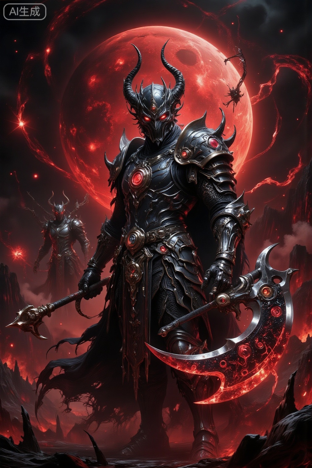 Create an anime image of a fantasy game knight, wielding a galaxy scythe with galaxy prints on the blade, wearing black armor. Place an ally in the background. Use a digital art style with HD quality and a masterpiece level of detail. Ensure the image is ultra and hyper detailed, with a domineering posture. Incorporate a huge blood-red moon behind the knight, with shooting stars orbiting the moon. The knight should have fear armor and a horror helmet, with super detailed armor texture. Employ a gothic style with dark aesthetics, industrial-grade details, and movie-grade lighting. Aim for 8K resolution to capture every intricate detail.