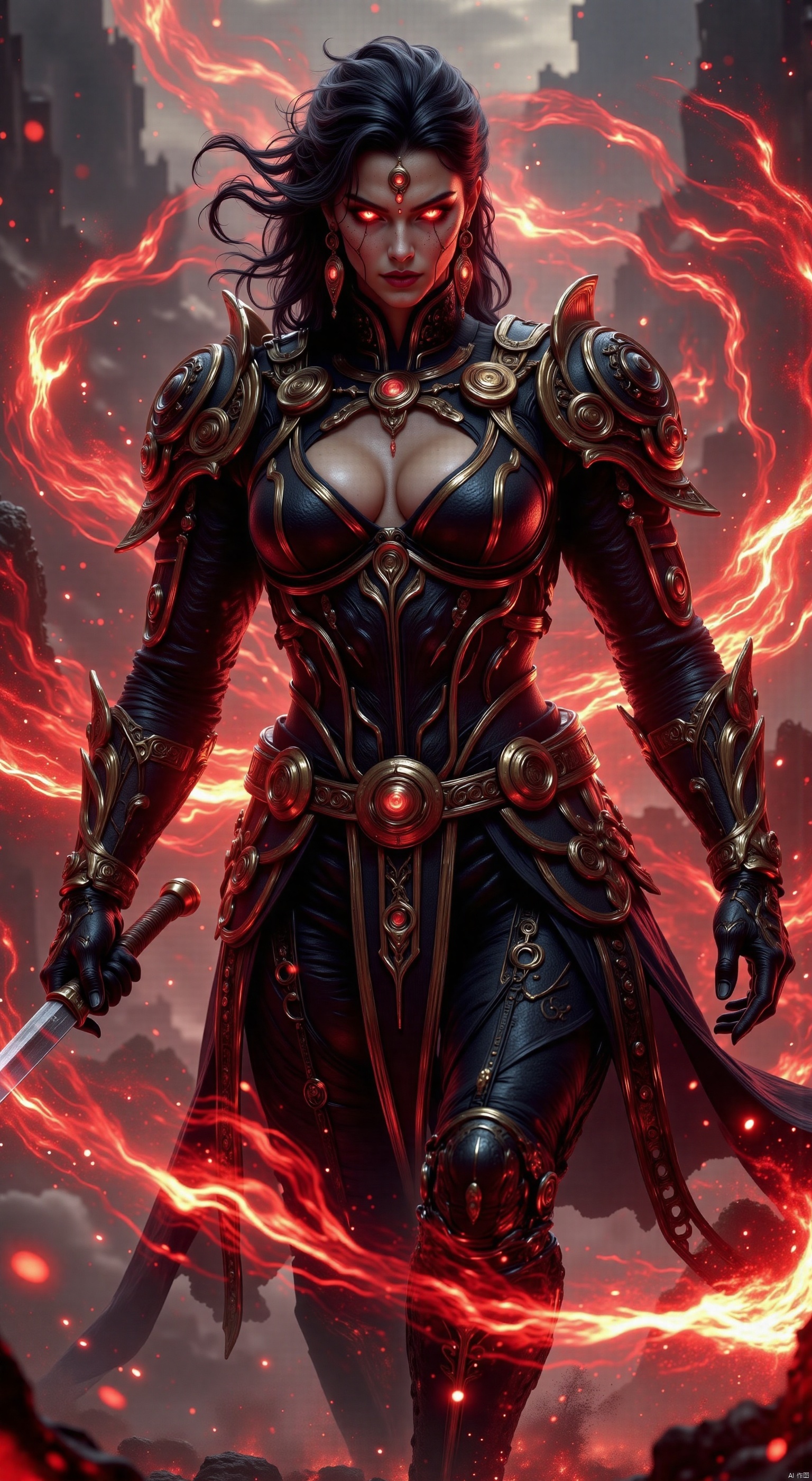 Wearing black and gold armor and holding a knife, he showed her domineering and strength. Her action scenes are usually accompanied by shocking sound effects and visual effects, highlighting her kingliness. Make a powerful flick of the knife, and the knife emerges a huge bright red gas throughout the sky, drawing a red track in the air, just as the sky is counted as a long blood mark.8K, HD,High quality, 8K.intricate details.dlrb,hsw,wet,water,beauty,anhei,large natural breast, taken by Sony Alpha 7R IV, Zeiss Otus 85mm F1.4, ISO 100 Shutter Speed 1/400, Vivid picture, intricate background,xuanhuanfapao,qihuanmopan,hkgod,mohuan