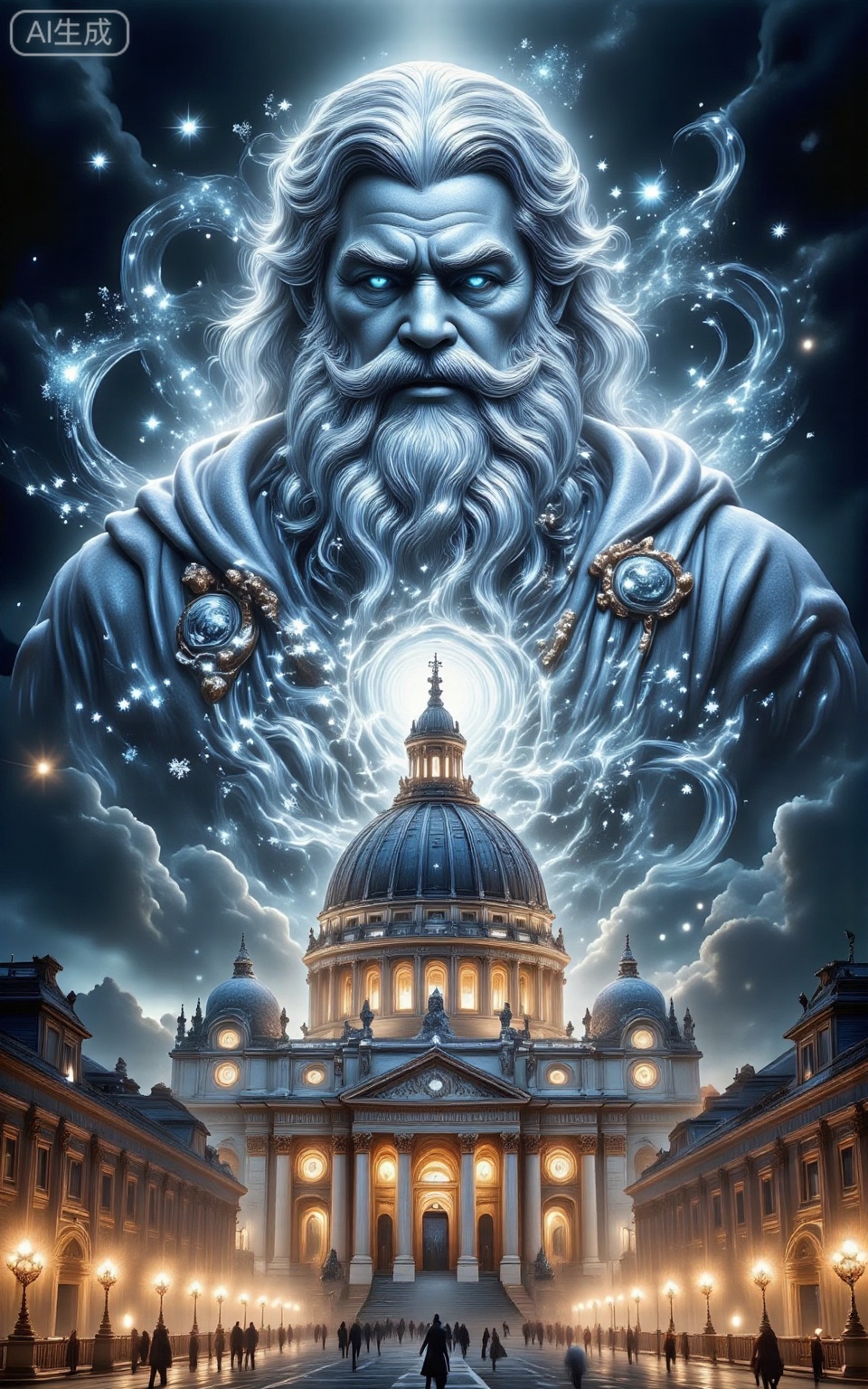 Night descends, casting deep sapphire hues over Basilica di San Pietro in Vaticano outline. Suddenly, a strange light flashes, and a virtual shadow of Santa Claus emerges above the dome. His beard and clothes appear carved from snow, emitting a faint blue glow like flashing ice crystals. Kind eyes shine, guarding the city with festive blessings. Snowflakes swirl around, attracted to his blue light, forming a giant vortex. Against the virtual shadows, they come alive, shining with colorful lights that complement Santa's blue hue. People stop in awe, children's eyes aglow with surprise and joy, while adults' faces regain their childhood innocence.