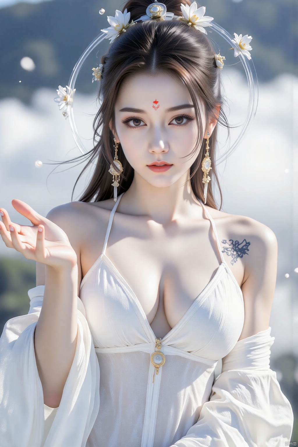A woman in a white gauze dress stretched out a palm,  red lotus forehead mark,  Xian Xia on Tensor.Art