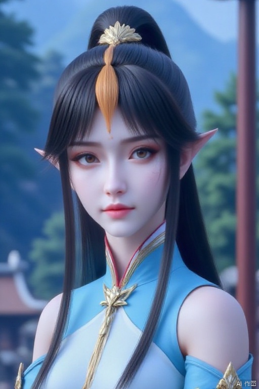 1girl, solo, long hair, looking at viewer, black hair, hair ornament, dress, closed mouth, upper body, ponytail, outdoors, sky, day, pointy ears, blurry, tree, blue sky, blurry background, blue dress, facial mark, forehead mark