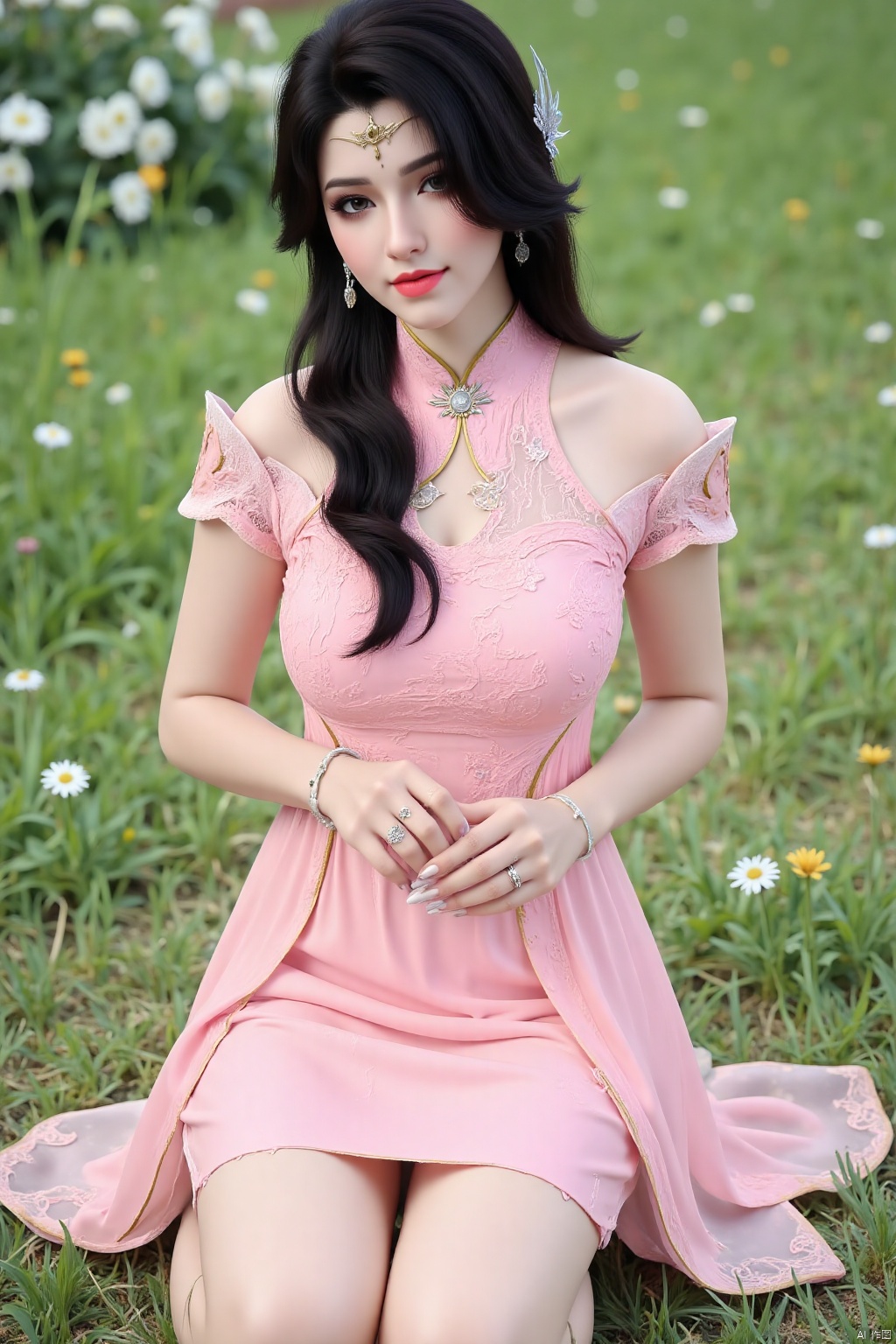 (masterpiece, best quality:1.4),finely detailed,1girl, solo, long hair, looking at viewer, black hair, hair ornament, thighhighs, (pink Chiffon lace dress,short sleeves), pink dress, holding, bare shoulders, Sitting on the grass,  outdoor,park,grass,flowers,butterfly,XuanYi,streamers,kneeling,