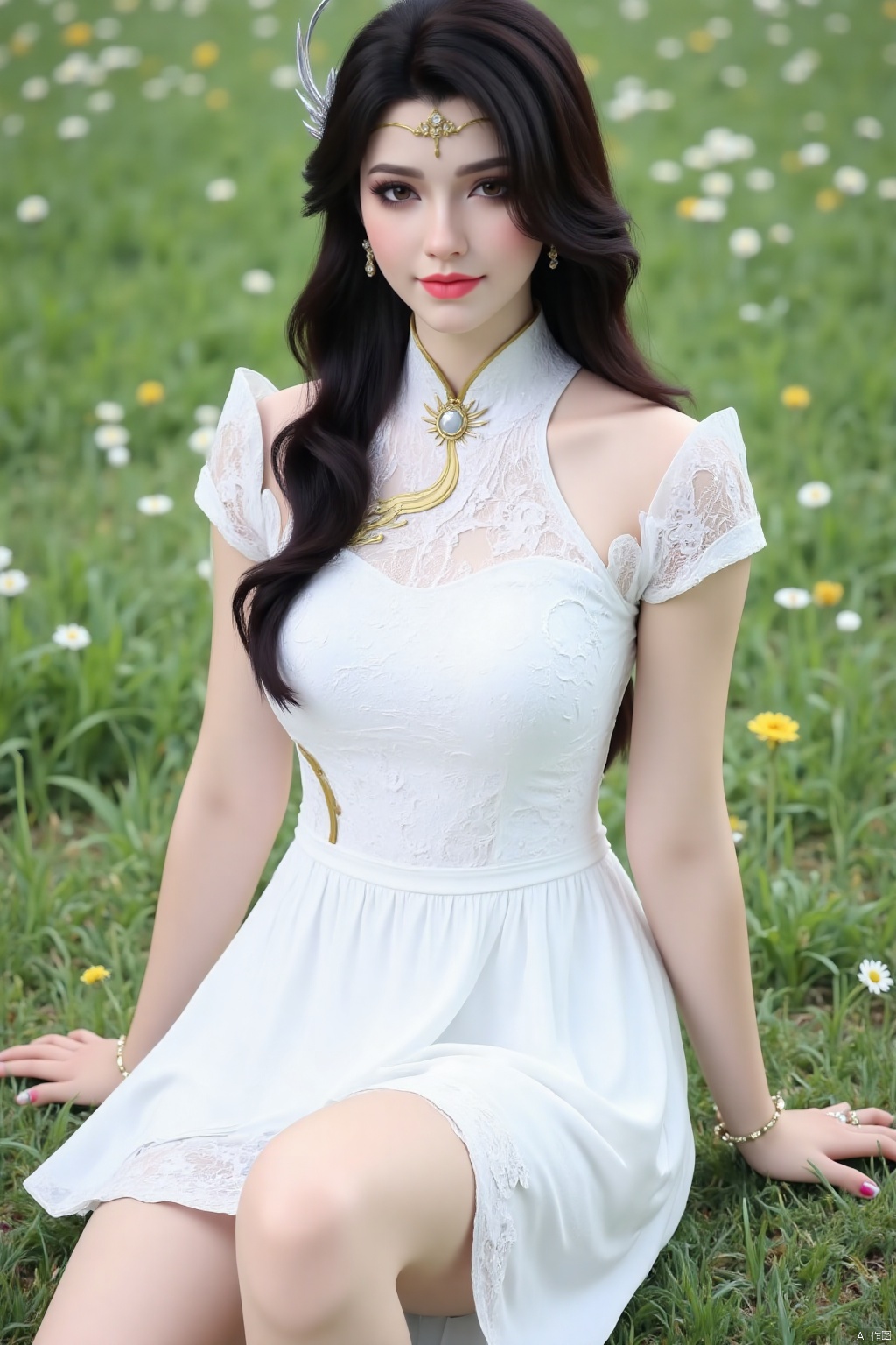 (masterpiece, best quality:1.4),finely detailed,1girl, solo, long hair, looking at viewer, black hair, hair ornament, thighhighs, (white Chiffon lace dress,short sleeves), white dress,  Sitting on the grass,  outdoor,park,grass,flowers,butterfly,XuanYi,kneeling,