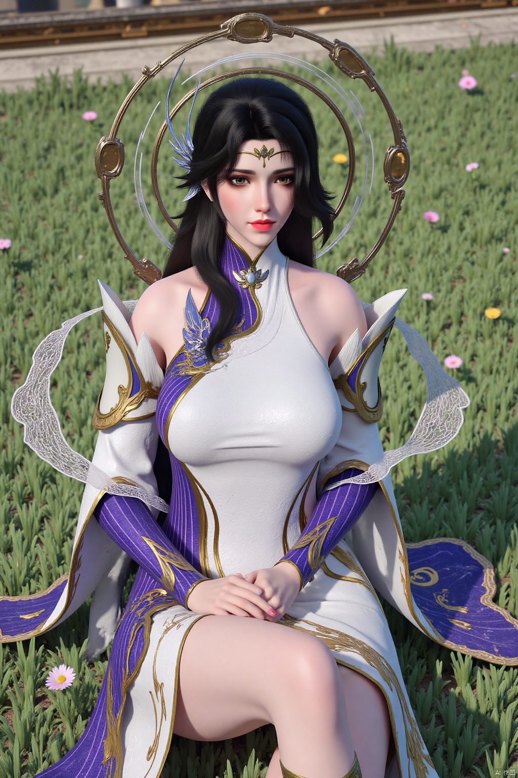 (masterpiece, best quality:1.4),finely detailed,1girl, solo, long hair, looking at viewer, black hair, hair ornament, thighhighs, dress, holding, bare shoulders, Sitting on the grass, detached sleeves, outdoor,park,grass,flowers,butterfly, white dress,XuanYi,streamers
