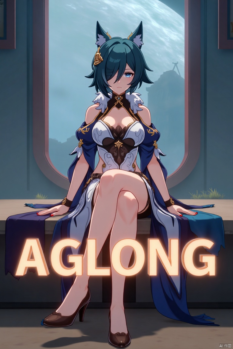 A cinematic movie poster showcasing Yukong, a 1girl solo character with blue hair, short hair, bangs, and hair between eyes. She has blue eyes, a hair ornament, an elegant dress with detached sleeves, bare shoulders, medium breasts, and animal ears. She sits in a dynamic pose, wearing high heels, with full body and legs visible. The background is atmospheric, with soft lighting. Below her, three-dimensional text AGlong stands out, aligned with the poster's theme. The composition is balanced, highlighting her gaze and the text.