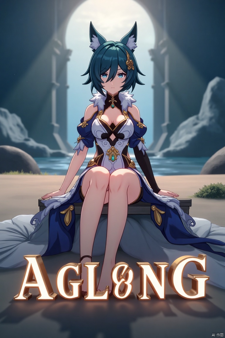 A cinematic movie poster showcasing Yukong, a 1girl solo character with blue hair, short hair, bangs, and hair between eyes. She has blue eyes, a hair ornament, an elegant dress with detached sleeves, bare shoulders, medium breasts, and animal ears. She sits in a dynamic pose, wearing high heels, with full body and legs visible. The background is atmospheric, with soft lighting. Below her, three-dimensional text AGlong stands out, aligned with the poster's theme. The composition is balanced, highlighting her gaze and the text.