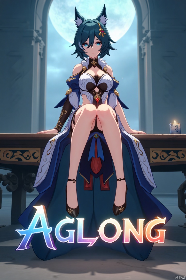 A cinematic movie poster showcasing Yukong, a 1girl solo character with blue hair, short hair, bangs, and hair between eyes. She has blue eyes, a hair ornament, an elegant dress with detached sleeves, bare shoulders, medium breasts, and animal ears. She sits in a dynamic pose, wearing high heels, with full body and legs visible. The background is atmospheric, with soft lighting. Below her, three-dimensional text AGlong stands out, aligned with the poster's theme. The composition is balanced, highlighting her gaze and the text.