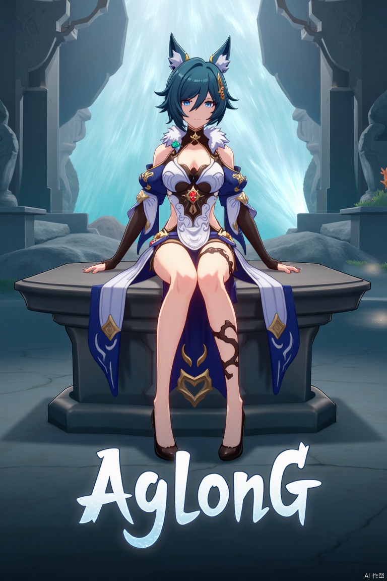 A cinematic movie poster showcasing Yukong, a 1girl solo character with blue hair, short hair, bangs, and hair between eyes. She has blue eyes, a hair ornament, an elegant dress with detached sleeves, bare shoulders, medium breasts, and animal ears. She sits in a dynamic pose, wearing high heels, with full body and legs visible. The background is atmospheric, with soft lighting. Below her, three-dimensional text AGlong stands out, aligned with the poster's theme. The composition is balanced, highlighting her gaze and the text.