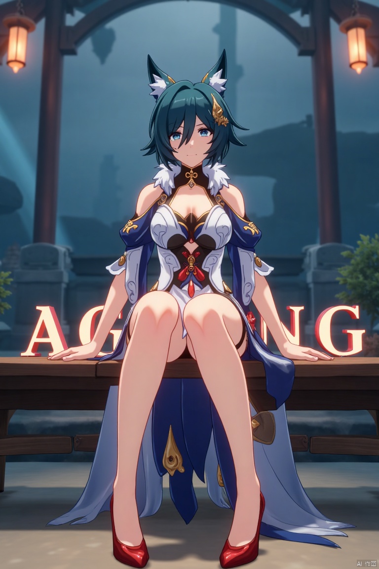 A cinematic movie poster showcasing Yukong, a 1girl solo character with blue hair, short hair, bangs, and hair between eyes. She has blue eyes, a hair ornament, an elegant dress with detached sleeves, bare shoulders, medium breasts, and animal ears. She sits in a dynamic pose, wearing high heels, with full body and legs visible. The background is atmospheric, with soft lighting. Below her, three-dimensional text AGlong stands out, aligned with the poster's theme. The composition is balanced, highlighting her gaze and the text.
