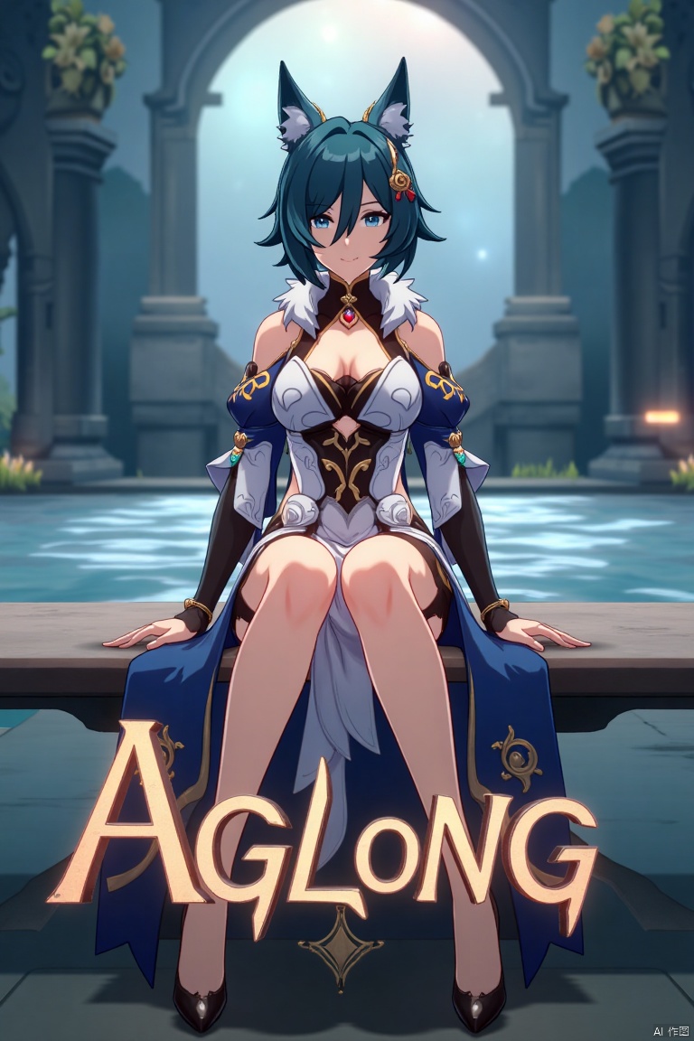A cinematic movie poster showcasing Yukong, a 1girl solo character with blue hair, short hair, bangs, and hair between eyes. She has blue eyes, a hair ornament, an elegant dress with detached sleeves, bare shoulders, medium breasts, and animal ears. She sits in a dynamic pose, wearing high heels, with full body and legs visible. The background is atmospheric, with soft lighting. Below her, three-dimensional text AGlong stands out, aligned with the poster's theme. The composition is balanced, highlighting her gaze and the text.