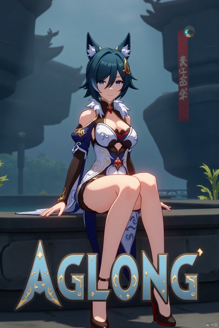 A cinematic movie poster showcasing Yukong, a 1girl solo character with blue hair, short hair, bangs, and hair between eyes. She has blue eyes, a hair ornament, an elegant dress with detached sleeves, bare shoulders, medium breasts, and animal ears. She sits in a dynamic pose, wearing high heels, with full body and legs visible. The background is atmospheric, with soft lighting. Below her, three-dimensional text AGlong stands out, aligned with the poster's theme. The composition is balanced, highlighting her gaze and the text.