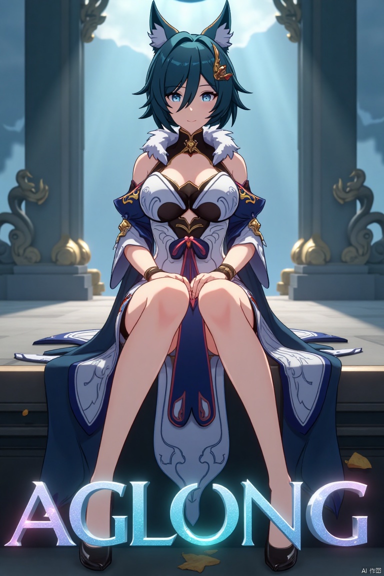A cinematic movie poster showcasing Yukong, a 1girl solo character with blue hair, short hair, bangs, and hair between eyes. She has blue eyes, a hair ornament, an elegant dress with detached sleeves, bare shoulders, medium breasts, and animal ears. She sits in a dynamic pose, wearing high heels, with full body and legs visible. The background is atmospheric, with soft lighting. Below her, three-dimensional text AGlong stands out, aligned with the poster's theme. The composition is balanced, highlighting her gaze and the text.