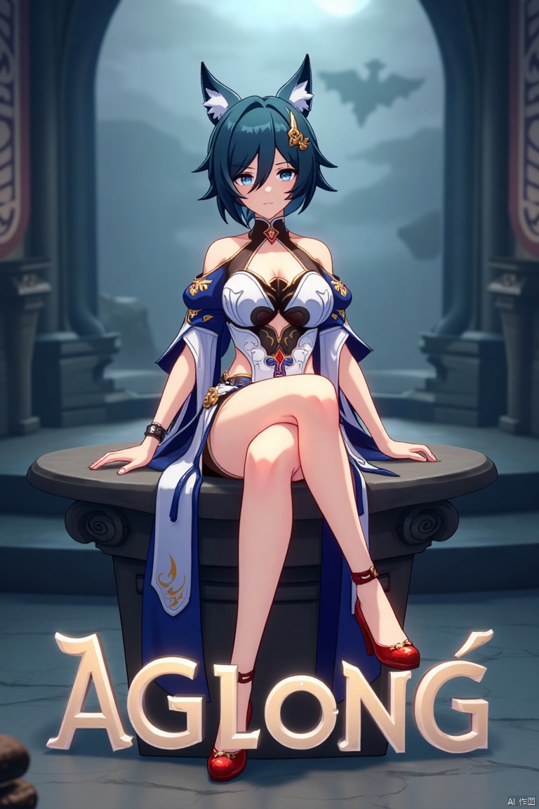 A cinematic movie poster showcasing Yukong, a 1girl solo character with blue hair, short hair, bangs, and hair between eyes. She has blue eyes, a hair ornament, an elegant dress with detached sleeves, bare shoulders, medium breasts, and animal ears. She sits in a dynamic pose, wearing high heels, with full body and legs visible. The background is atmospheric, with soft lighting. Below her, three-dimensional text AGlong stands out, aligned with the poster's theme. The composition is balanced, highlighting her gaze and the text.
