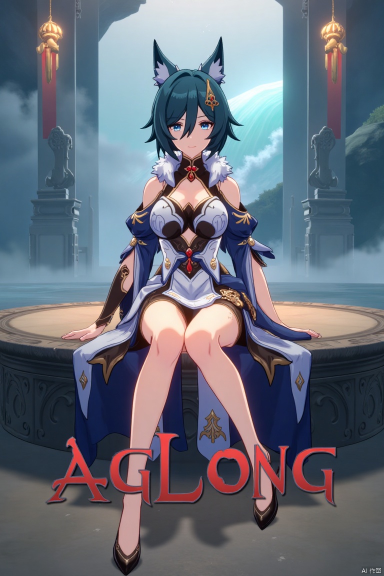 A cinematic movie poster showcasing Yukong, a 1girl solo character with blue hair, short hair, bangs, and hair between eyes. She has blue eyes, a hair ornament, an elegant dress with detached sleeves, bare shoulders, medium breasts, and animal ears. She sits in a dynamic pose, wearing high heels, with full body and legs visible. The background is atmospheric, with soft lighting. Below her, three-dimensional text AGlong stands out, aligned with the poster's theme. The composition is balanced, highlighting her gaze and the text.
