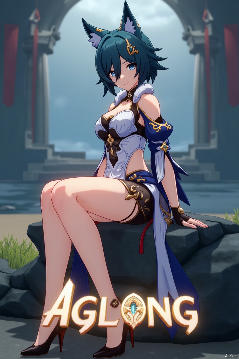 A cinematic movie poster showcasing Yukong, a 1girl solo character with blue hair, short hair, bangs, and hair between eyes. She has blue eyes, a hair ornament, an elegant dress with detached sleeves, bare shoulders, medium breasts, and animal ears. She sits in a dynamic pose, wearing high heels, with full body and legs visible. The background is atmospheric, with soft lighting. Below her, three-dimensional text AGlong stands out, aligned with the poster's theme. The composition is balanced, highlighting her gaze and the text.