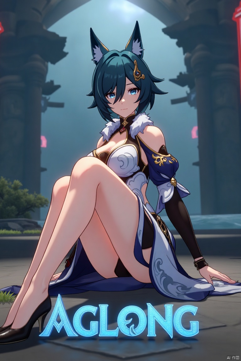 A cinematic movie poster showcasing Yukong, a 1girl solo character with blue hair, short hair, bangs, and hair between eyes. She has blue eyes, a hair ornament, an elegant dress with detached sleeves, bare shoulders, medium breasts, and animal ears. She sits in a dynamic pose, wearing high heels, with full body and legs visible. The background is atmospheric, with soft lighting. Below her, three-dimensional text AGlong stands out, aligned with the poster's theme. The composition is balanced, highlighting her gaze and the text.