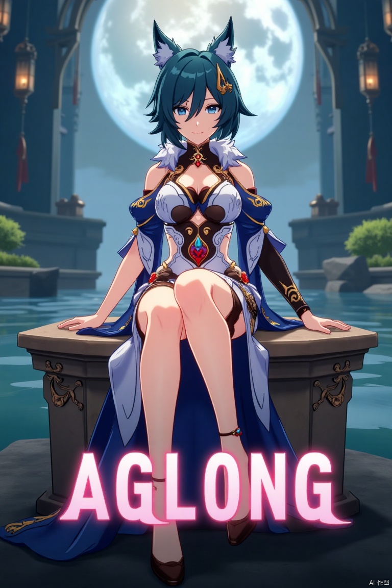 A striking movie poster featuring Yukong, a 1girl solo character with blue hair, short hair, bangs, and hair between eyes. She has blue eyes, an elegant dress with detached sleeves, bare shoulders, medium breasts, and animal ears. She is sitting in a dynamic pose, wearing high heels, with full body visible and legs elegantly positioned. The background is atmospheric, with soft lighting enhancing her presence. Below her, three-dimensional text AGlong stands out, aligned with the poster's theme. The composition is balanced, drawing attention to her gaze and the text.
