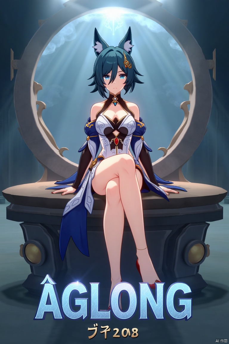 A cinematic movie poster showcasing Yukong, a 1girl solo character with blue hair, short hair, bangs, and hair between eyes. She has blue eyes, a hair ornament, an elegant dress with detached sleeves, bare shoulders, medium breasts, and animal ears. She sits in a dynamic pose, wearing high heels, with full body and legs visible. The background is atmospheric, with soft lighting. Below her, three-dimensional text AGlong stands out, aligned with the poster's theme. The composition is balanced, highlighting her gaze and the text.