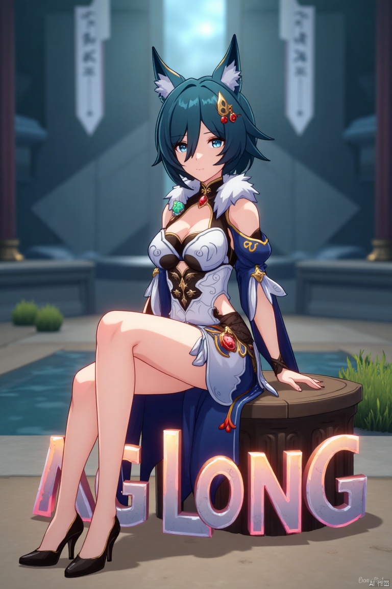 A cinematic movie poster showcasing Yukong, a 1girl solo character with blue hair, short hair, bangs, and hair between eyes. She has blue eyes, a hair ornament, an elegant dress with detached sleeves, bare shoulders, medium breasts, and animal ears. She sits in a dynamic pose, wearing high heels, with full body and legs visible. The background is atmospheric, with soft lighting. Below her, three-dimensional text AGlong stands out, aligned with the poster's theme. The composition is balanced, highlighting her gaze and the text.