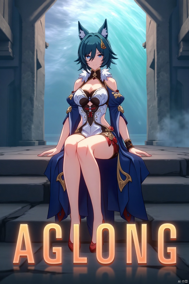 A striking movie poster featuring Yukong, a 1girl solo character with blue hair, short hair, bangs, and hair between eyes. She has blue eyes, an elegant dress with detached sleeves, bare shoulders, medium breasts, and animal ears. She is sitting in a dynamic pose, wearing high heels, with full body visible and legs elegantly positioned. The background is atmospheric, with soft lighting enhancing her presence. Below her, three-dimensional text AGlong stands out, aligned with the poster's theme. The composition is balanced, drawing attention to her gaze and the text.