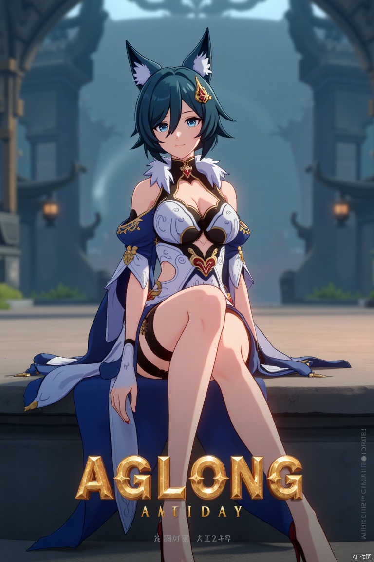 A cinematic movie poster showcasing Yukong, a 1girl solo character with blue hair, short hair, bangs, and hair between eyes. She has blue eyes, a hair ornament, an elegant dress with detached sleeves, bare shoulders, medium breasts, and animal ears. She sits in a dynamic pose, wearing high heels, with full body and legs visible. The background is atmospheric, with soft lighting. Below her, three-dimensional text AGlong stands out, aligned with the poster's theme. The composition is balanced, highlighting her gaze and the text.