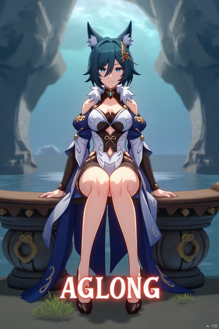 A cinematic movie poster showcasing Yukong, a 1girl solo character with blue hair, short hair, bangs, and hair between eyes. She has blue eyes, a hair ornament, an elegant dress with detached sleeves, bare shoulders, medium breasts, and animal ears. She sits in a dynamic pose, wearing high heels, with full body and legs visible. The background is atmospheric, with soft lighting. Below her, three-dimensional text AGlong stands out, aligned with the poster's theme. The composition is balanced, highlighting her gaze and the text.