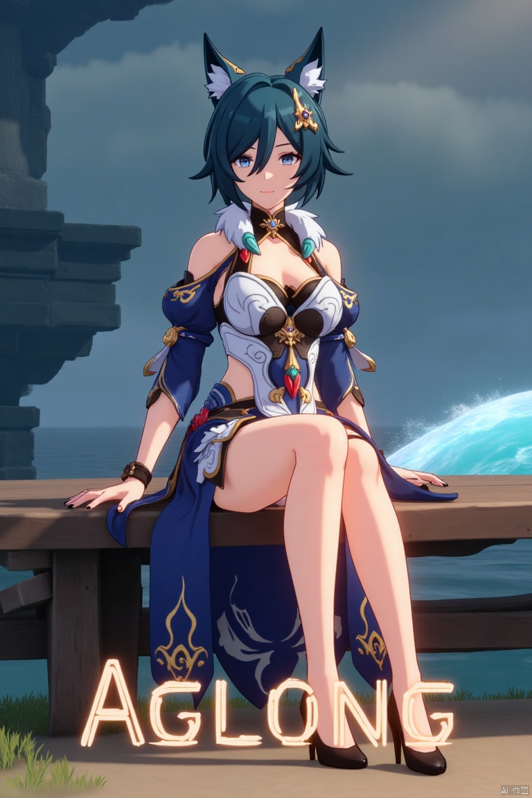 A cinematic movie poster showcasing Yukong, a 1girl solo character with blue hair, short hair, bangs, and hair between eyes. She has blue eyes, a hair ornament, an elegant dress with detached sleeves, bare shoulders, medium breasts, and animal ears. She sits in a dynamic pose, wearing high heels, with full body and legs visible. The background is atmospheric, with soft lighting. Below her, three-dimensional text AGlong stands out, aligned with the poster's theme. The composition is balanced, highlighting her gaze and the text.