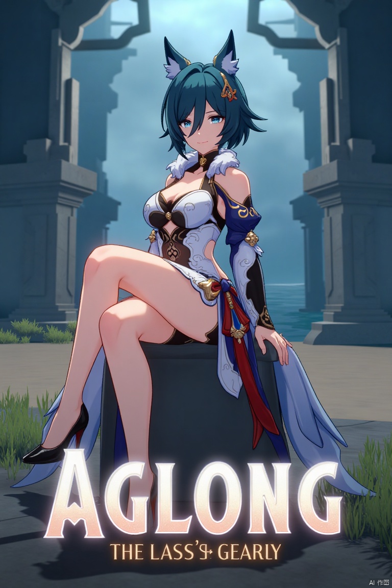 A cinematic movie poster showcasing Yukong, a 1girl solo character with blue hair, short hair, bangs, and hair between eyes. She has blue eyes, a hair ornament, an elegant dress with detached sleeves, bare shoulders, medium breasts, and animal ears. She sits in a dynamic pose, wearing high heels, with full body and legs visible. The background is atmospheric, with soft lighting. Below her, three-dimensional text AGlong stands out, aligned with the poster's theme. The composition is balanced, highlighting her gaze and the text.