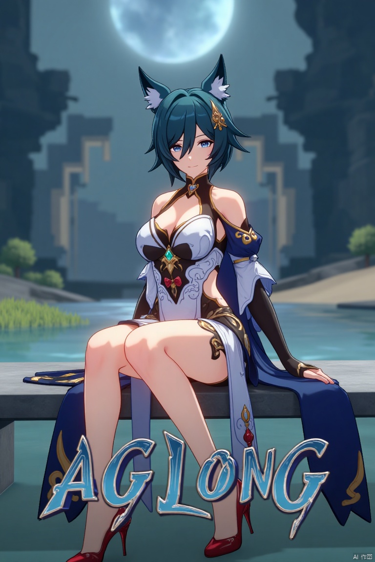 A cinematic movie poster showcasing Yukong, a 1girl solo character with blue hair, short hair, bangs, and hair between eyes. She has blue eyes, a hair ornament, an elegant dress with detached sleeves, bare shoulders, medium breasts, and animal ears. She sits in a dynamic pose, wearing high heels, with full body and legs visible. The background is atmospheric, with soft lighting. Below her, three-dimensional text AGlong stands out, aligned with the poster's theme. The composition is balanced, highlighting her gaze and the text.