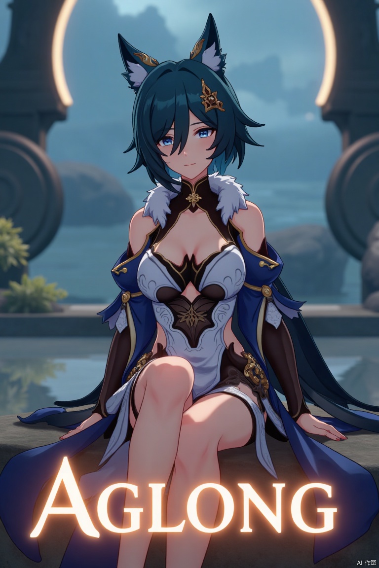 A cinematic movie poster showcasing Yukong, a 1girl solo character with blue hair, short hair, bangs, and hair between eyes. She has blue eyes, a hair ornament, an elegant dress with detached sleeves, bare shoulders, medium breasts, and animal ears. She sits in a dynamic pose, wearing high heels, with full body and legs visible. The background is atmospheric, with soft lighting. Below her, three-dimensional text AGlong stands out, aligned with the poster's theme. The composition is balanced, highlighting her gaze and the text.