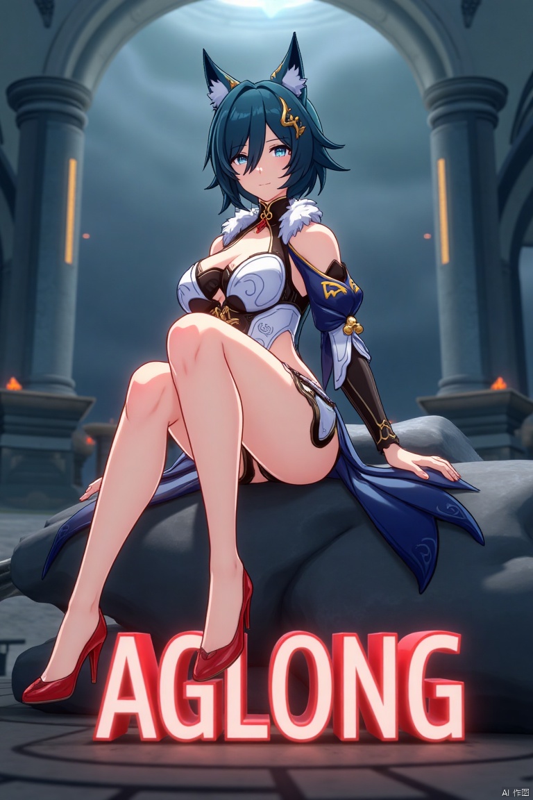 A striking movie poster featuring Yukong, a 1girl solo character with blue hair, short hair, bangs, and hair between eyes. She has blue eyes, an elegant dress with detached sleeves, bare shoulders, medium breasts, and animal ears. She is sitting in a dynamic pose, wearing high heels, with full body visible and legs elegantly positioned. The background is atmospheric, with soft lighting enhancing her presence. Below her, three-dimensional text AGlong stands out, aligned with the poster's theme. The composition is balanced, drawing attention to her gaze and the text.
