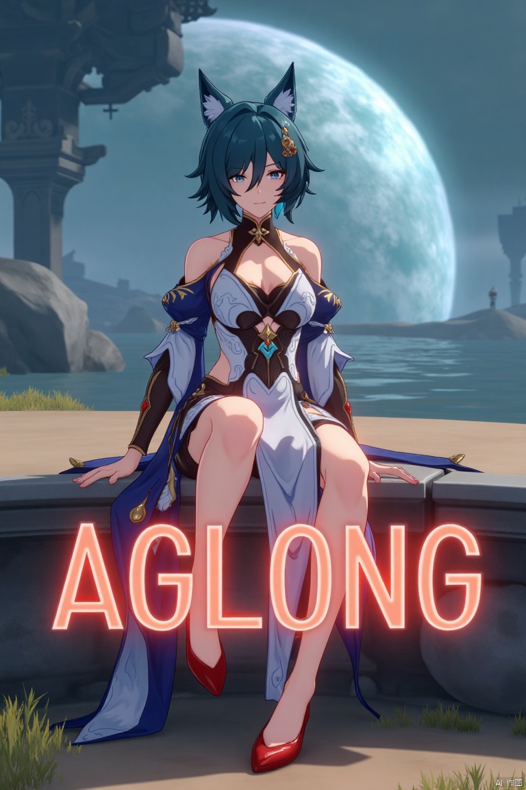 A cinematic movie poster showcasing Yukong, a 1girl solo character with blue hair, short hair, bangs, and hair between eyes. She has blue eyes, a hair ornament, an elegant dress with detached sleeves, bare shoulders, medium breasts, and animal ears. She sits in a dynamic pose, wearing high heels, with full body and legs visible. The background is atmospheric, with soft lighting. Below her, three-dimensional text AGlong stands out, aligned with the poster's theme. The composition is balanced, highlighting her gaze and the text.