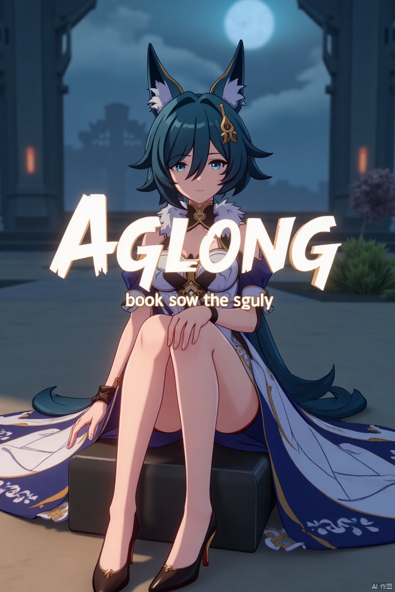 A cinematic movie poster featuring Yukong, a solo 1girl character, sitting with legs crossed, looking directly at the viewer. She has short blue hair with bangs, a hair ornament, and strands of hair between her eyes. Her blue eyes are expressive, and she wears a dress with bare shoulders and detached sleeves, showcasing medium breasts. Animal ears adorn her head, and she is dressed in high heels. The poster includes three-dimensional text AGlong prominently in the middle, with the poster theme below it. The scene is illuminated with dramatic lighting, emphasizing her elegant pose and attire, set against a cinematic background with a focus on her full-body presence.
