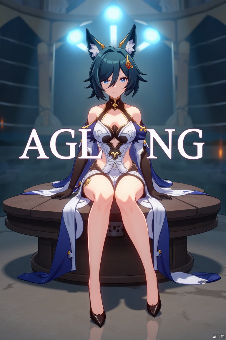 A cinematic movie poster featuring Yukong, a solo 1girl character, sitting with legs crossed, looking directly at the viewer. She has short blue hair with bangs, a hair ornament, and strands of hair between her eyes. Her blue eyes are expressive, and she wears a dress with bare shoulders and detached sleeves, showcasing medium breasts. Animal ears adorn her head, and she is dressed in high heels. The poster includes three-dimensional text AGlong prominently in the middle, with the poster theme below it. The scene is illuminated with dramatic lighting, emphasizing her elegant pose and attire, set against a cinematic background with a focus on her full-body presence.