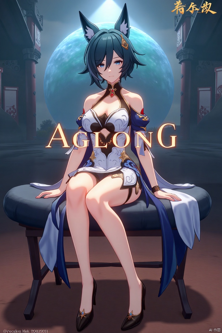 A cinematic movie poster featuring Yukong, a solo 1girl character, sitting with legs crossed, looking directly at the viewer. She has short blue hair with bangs, a hair ornament, and strands of hair between her eyes. Her blue eyes are expressive, and she wears a dress with bare shoulders and detached sleeves, showcasing medium breasts. Animal ears adorn her head, and she is dressed in high heels. The poster includes three-dimensional text AGlong prominently in the middle, with the poster theme below it. The scene is illuminated with dramatic lighting, emphasizing her elegant pose and attire, set against a cinematic background with a focus on her full-body presence.