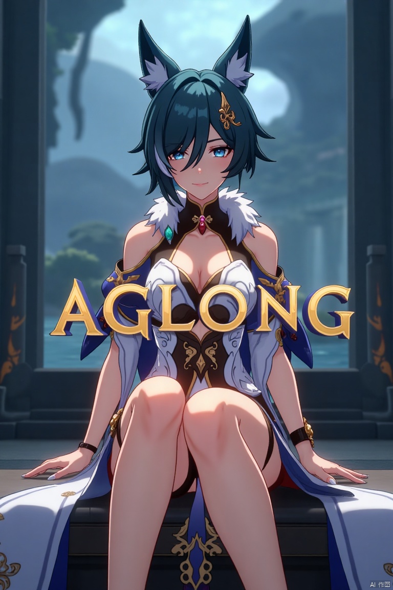 A cinematic movie poster featuring Yukong, a solo 1girl character, sitting with legs crossed, looking directly at the viewer. She has short blue hair with bangs, a hair ornament, and strands of hair between her eyes. Her blue eyes are expressive, and she wears a dress with bare shoulders and detached sleeves, showcasing medium breasts. Animal ears adorn her head, and she is dressed in high heels. The poster includes three-dimensional text AGlong prominently in the middle, with the poster theme below it. The scene is illuminated with dramatic lighting, emphasizing her elegant pose and attire, set against a cinematic background with a focus on her full-body presence.
