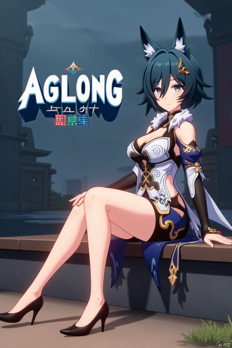 A cinematic movie poster featuring Yukong, a solo 1girl character, sitting with legs crossed, looking directly at the viewer. She has short blue hair with bangs, a hair ornament, and strands of hair between her eyes. Her blue eyes are expressive, and she wears a dress with bare shoulders and detached sleeves, showcasing medium breasts. Animal ears adorn her head, and she is dressed in high heels. The poster includes three-dimensional text AGlong prominently in the middle, with the poster theme below it. The scene is illuminated with dramatic lighting, emphasizing her elegant pose and attire, set against a cinematic background with a focus on her full-body presence.