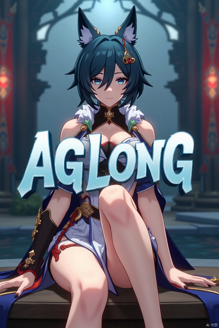 A cinematic movie poster featuring Yukong, a solo 1girl character, sitting with legs crossed, looking directly at the viewer. She has short blue hair with bangs, a hair ornament, and strands of hair between her eyes. Her blue eyes are expressive, and she wears a dress with bare shoulders and detached sleeves, showcasing medium breasts. Animal ears adorn her head, and she is dressed in high heels. The poster includes three-dimensional text AGlong prominently in the middle, with the poster theme below it. The scene is illuminated with dramatic lighting, emphasizing her elegant pose and attire, set against a cinematic background with a focus on her full-body presence.