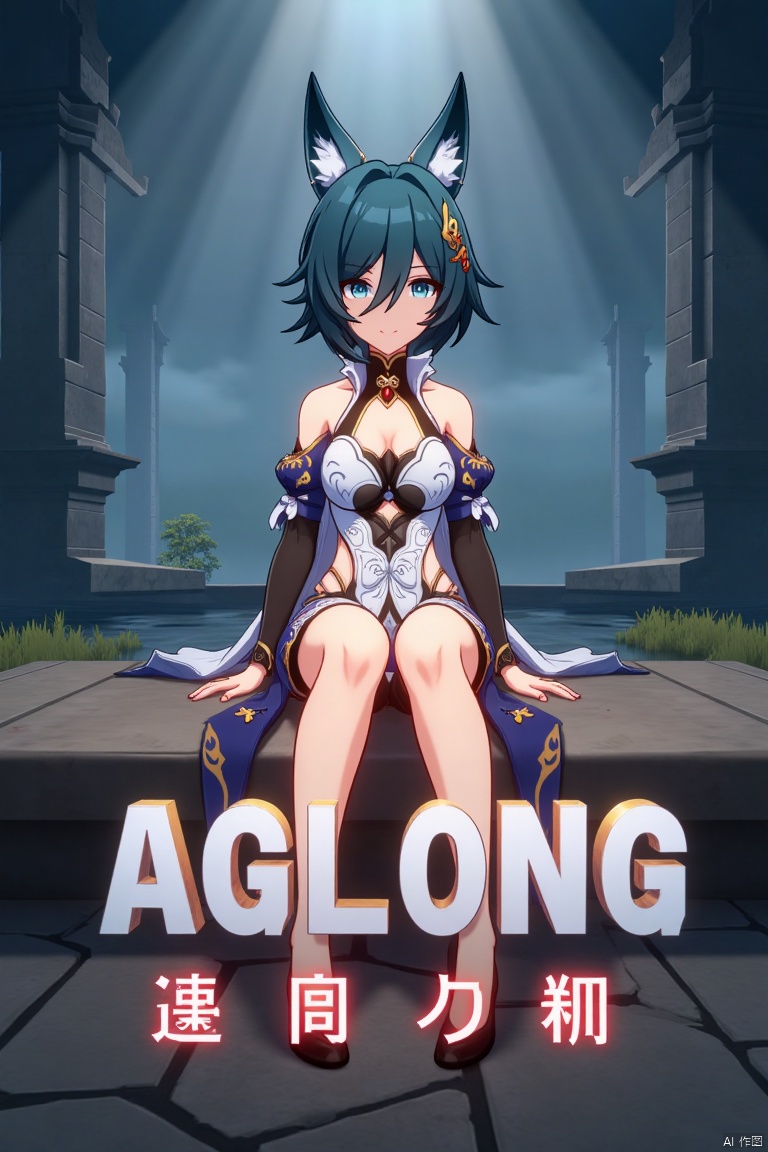 A cinematic movie poster featuring Yukong, a solo 1girl character, sitting with legs crossed, looking directly at the viewer. She has short blue hair with bangs, a hair ornament, and strands of hair between her eyes. Her blue eyes are expressive, and she wears a dress with bare shoulders and detached sleeves, showcasing medium breasts. Animal ears adorn her head, and she is dressed in high heels. The poster includes three-dimensional text AGlong prominently in the middle, with the poster theme below it. The scene is illuminated with dramatic lighting, emphasizing her elegant pose and attire, set against a cinematic background with a focus on her full-body presence.