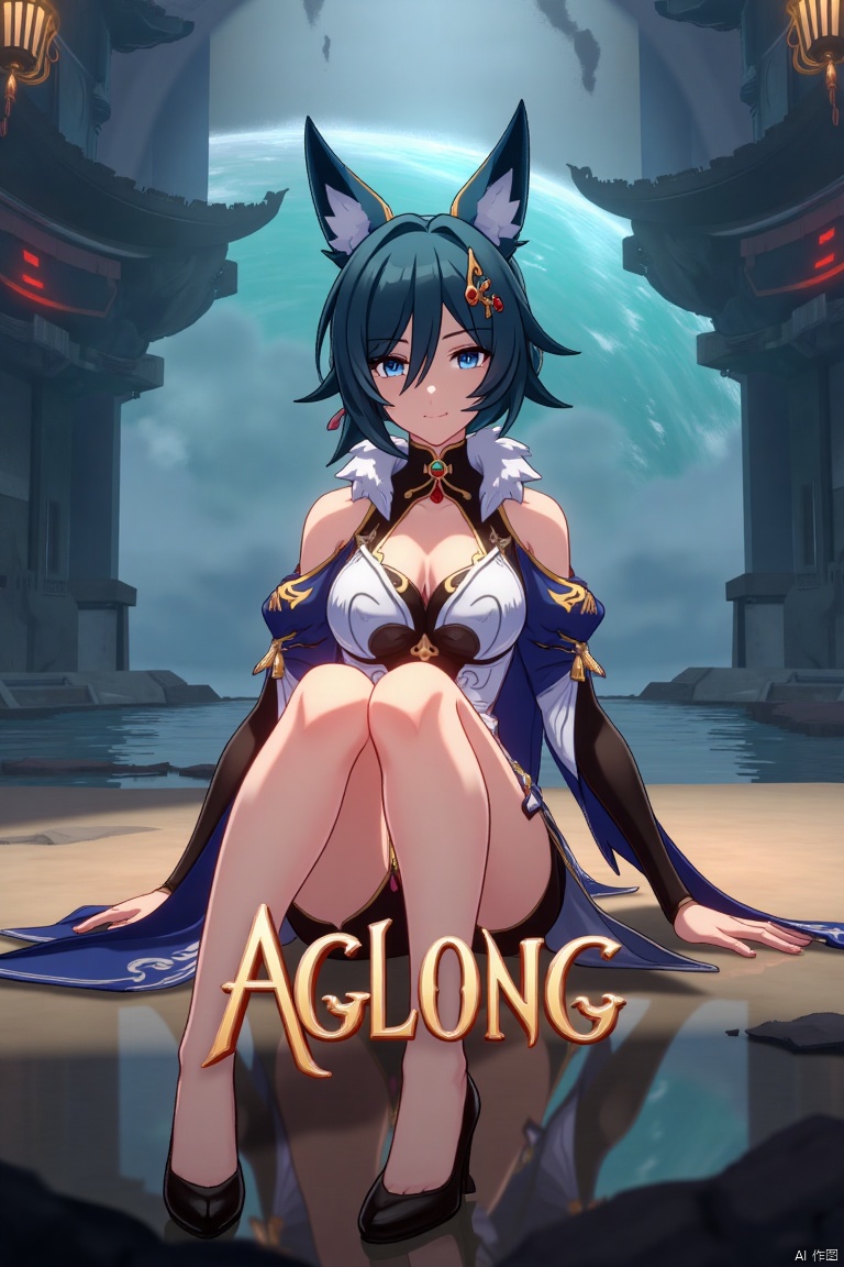 A cinematic movie poster featuring Yukong, a solo 1girl character, sitting with legs crossed, looking directly at the viewer. She has short blue hair with bangs, a hair ornament, and strands of hair between her eyes. Her blue eyes are expressive, and she wears a dress with bare shoulders and detached sleeves, showcasing medium breasts. Animal ears adorn her head, and she is dressed in high heels. The poster includes three-dimensional text AGlong prominently in the middle, with the poster theme below it. The scene is illuminated with dramatic lighting, emphasizing her elegant pose and attire, set against a cinematic background with a focus on her full-body presence.