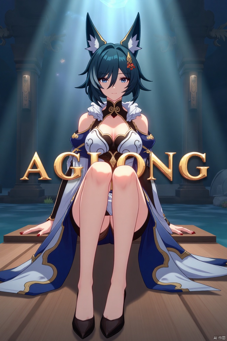 A cinematic movie poster featuring Yukong, a solo 1girl character, sitting with legs crossed, looking directly at the viewer. She has short blue hair with bangs, a hair ornament, and strands of hair between her eyes. Her blue eyes are expressive, and she wears a dress with bare shoulders and detached sleeves, showcasing medium breasts. Animal ears adorn her head, and she is dressed in high heels. The poster includes three-dimensional text AGlong prominently in the middle, with the poster theme below it. The scene is illuminated with dramatic lighting, emphasizing her elegant pose and attire, set against a cinematic background with a focus on her full-body presence.