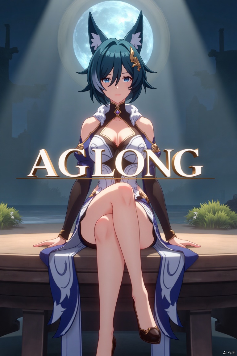 A cinematic movie poster featuring Yukong, a solo 1girl character, sitting with legs crossed, looking directly at the viewer. She has short blue hair with bangs, a hair ornament, and strands of hair between her eyes. Her blue eyes are expressive, and she wears a dress with bare shoulders and detached sleeves, showcasing medium breasts. Animal ears adorn her head, and she is dressed in high heels. The poster includes three-dimensional text AGlong prominently in the middle, with the poster theme below it. The scene is illuminated with dramatic lighting, emphasizing her elegant pose and attire, set against a cinematic background with a focus on her full-body presence.