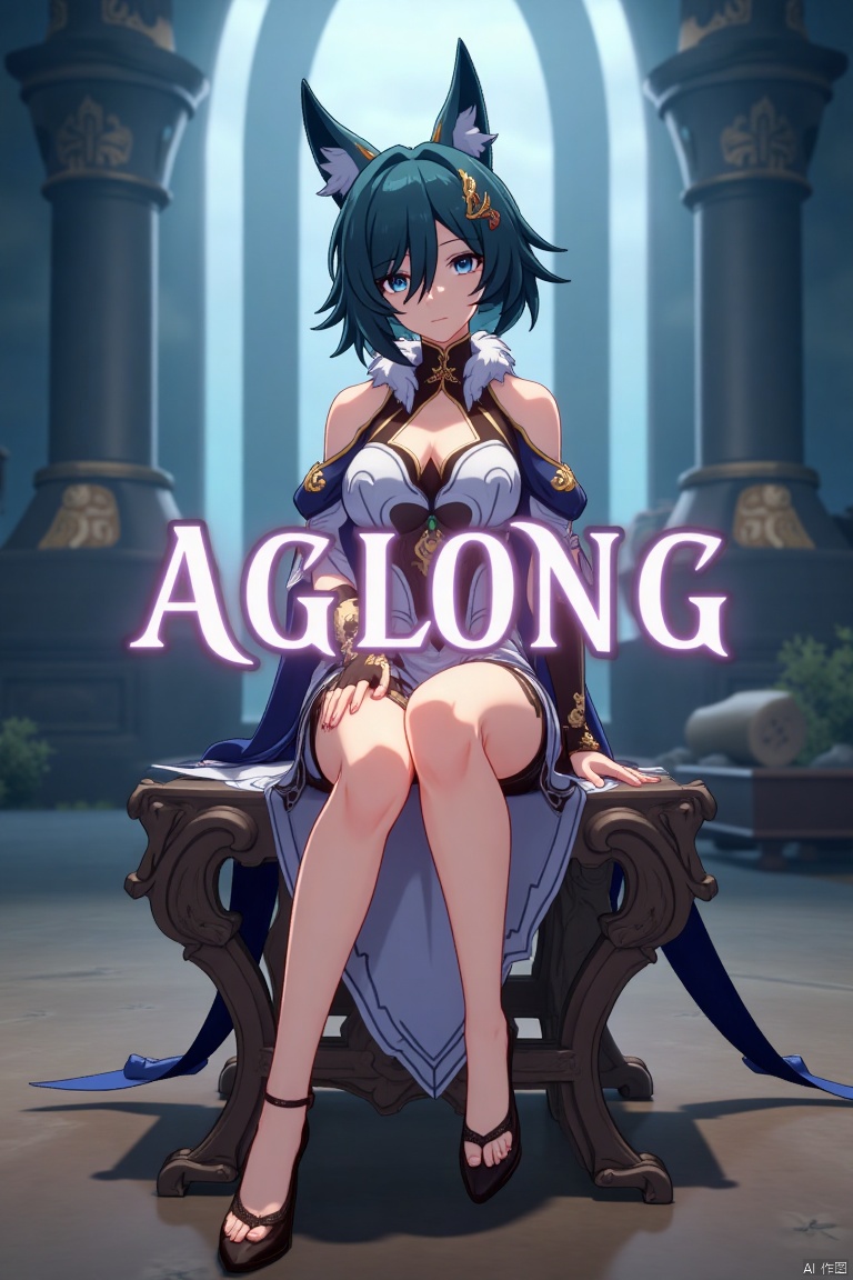 A cinematic movie poster featuring Yukong, a solo 1girl character, sitting with legs crossed, looking directly at the viewer. She has short blue hair with bangs, a hair ornament, and strands of hair between her eyes. Her blue eyes are expressive, and she wears a dress with bare shoulders and detached sleeves, showcasing medium breasts. Animal ears adorn her head, and she is dressed in high heels. The poster includes three-dimensional text AGlong prominently in the middle, with the poster theme below it. The scene is illuminated with dramatic lighting, emphasizing her elegant pose and attire, set against a cinematic background with a focus on her full-body presence.