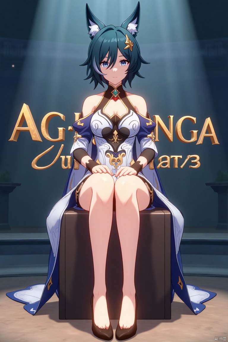 A cinematic movie poster featuring Yukong, a solo 1girl character, sitting with legs crossed, looking directly at the viewer. She has short blue hair with bangs, a hair ornament, and strands of hair between her eyes. Her blue eyes are expressive, and she wears a dress with bare shoulders and detached sleeves, showcasing medium breasts. Animal ears adorn her head, and she is dressed in high heels. The poster includes three-dimensional text AGlong prominently in the middle, with the poster theme below it. The scene is illuminated with dramatic lighting, emphasizing her elegant pose and attire, set against a cinematic background with a focus on her full-body presence.